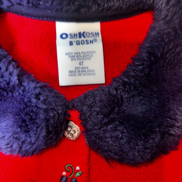 Vintage 90s OshKosh Holiday Pea Fleece Girls Red Floral Fur Trim jacket 4T - Picture 3 of 3